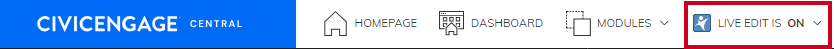 Web Central, Admin User Menu Live Edit Toggled to On.