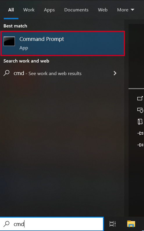 Command Prompt search result in the search results list.