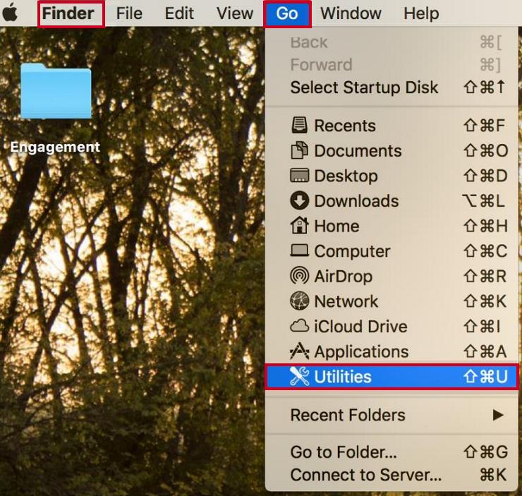 Mac Menu bar Finder option with the Go drop-down and Applications option highlighted.