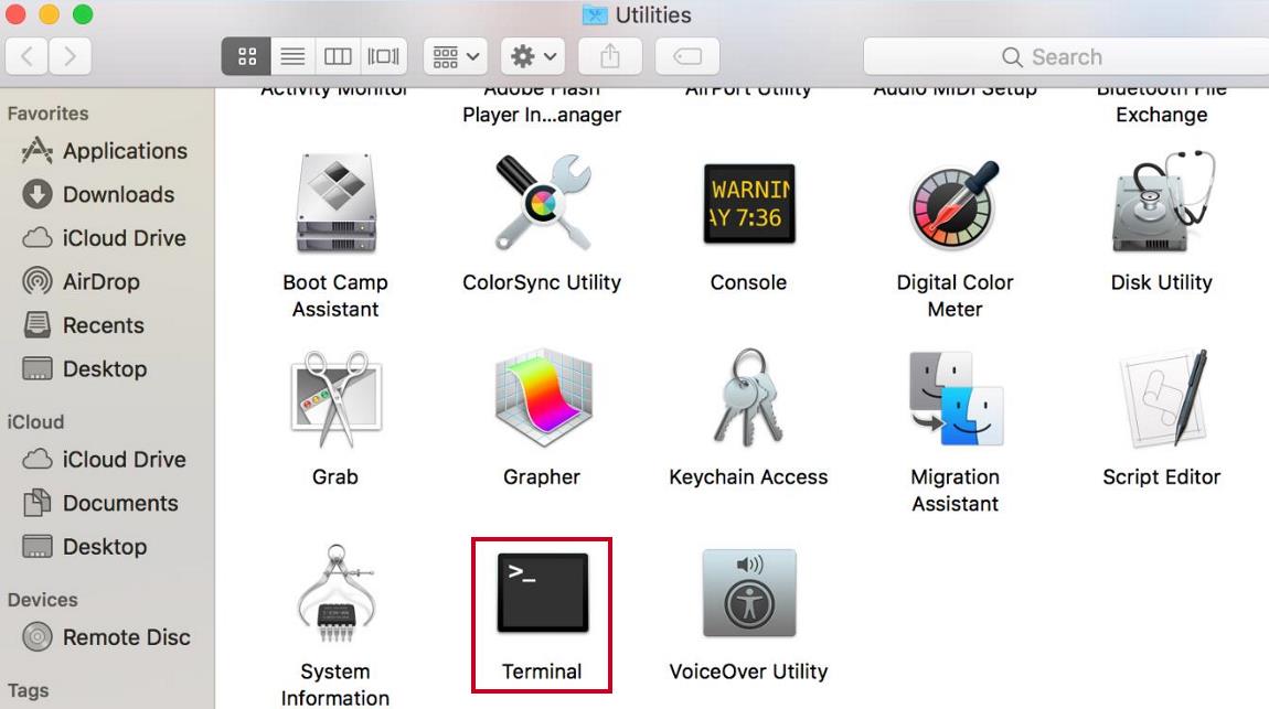 The Terminal app shortcut within the Utilities folder.