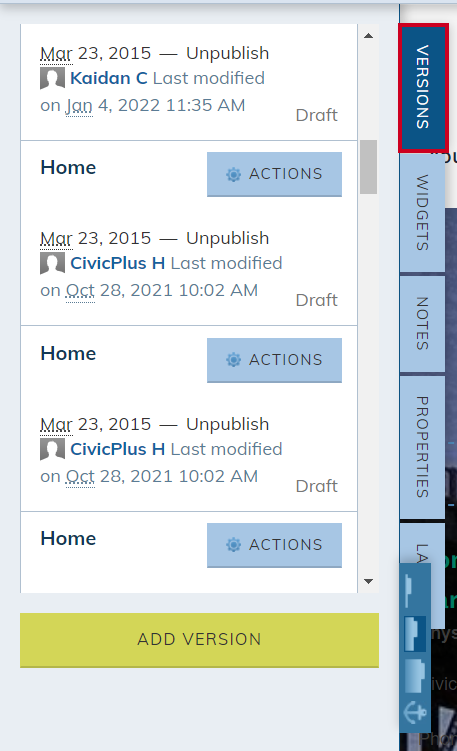 Web Central Live Edit Pane Versions Tab.