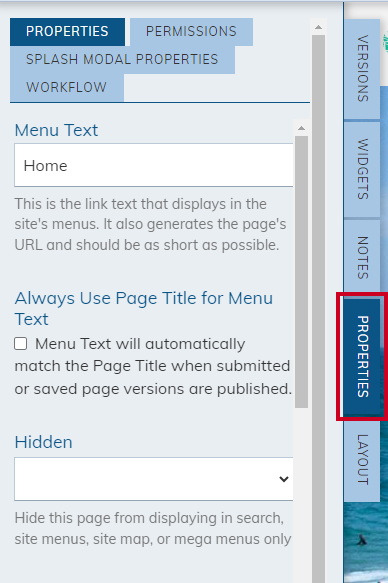 Web Central Live Edit Pane Properties Tab.