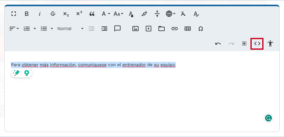 The Code View tool allows the user to see the content's HTML source code.