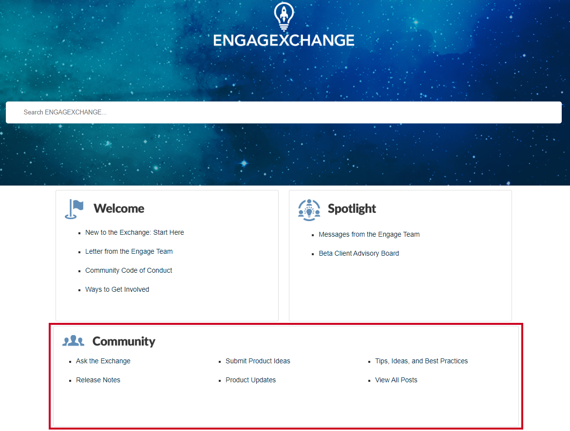 The EngageExchange Community section with various links including Ask the Exchange and Release Notes.