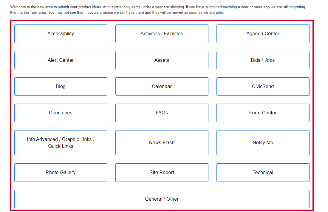 A product ideas submission page with 19 clickable feature request topic tiles.