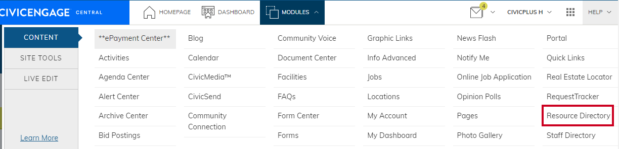 Web Central Modules Dropdown Conten Tab Resource Directory Option.