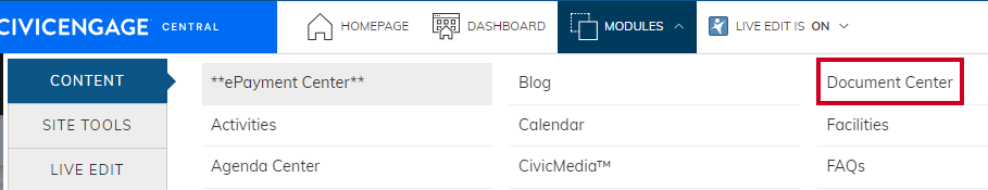 Web Central Modules Dropdown Content Tab Document Center Option.