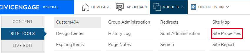 Web Central Modules Menu Site Tools Tab Site Properties Option.