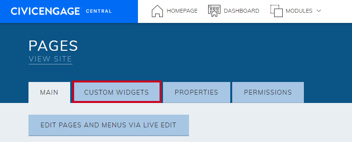 The tab labeled Custom Widgets at the top of the page beneath the Pages header.