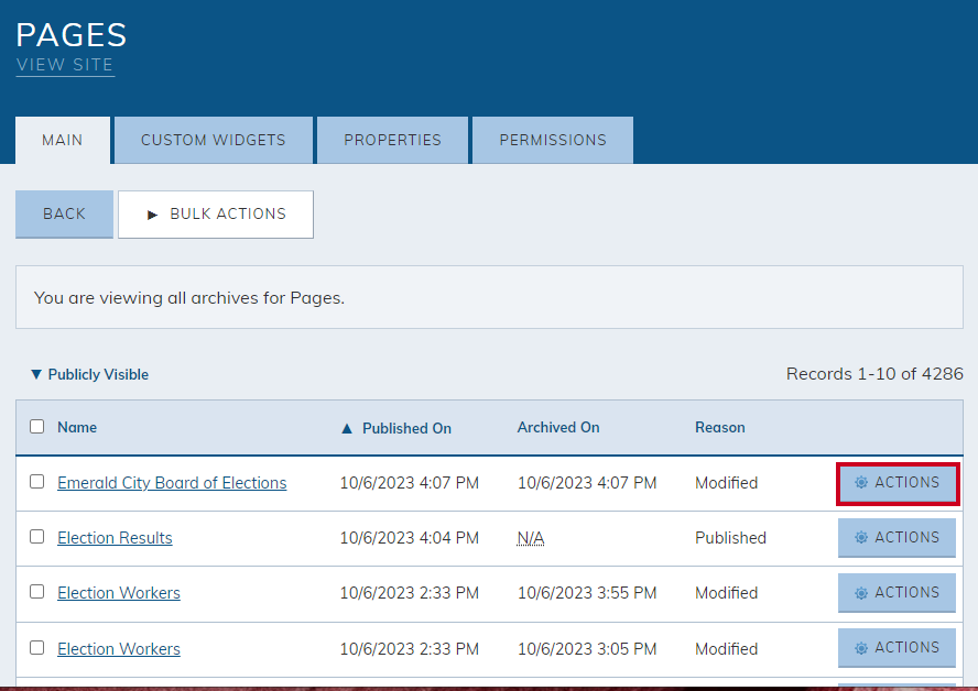 The button labeled Actions with a cog wheel icon to the right of page title.