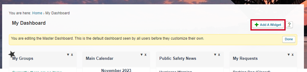 The Add a Widget button lets the staff member add more widgets to the dashboard.