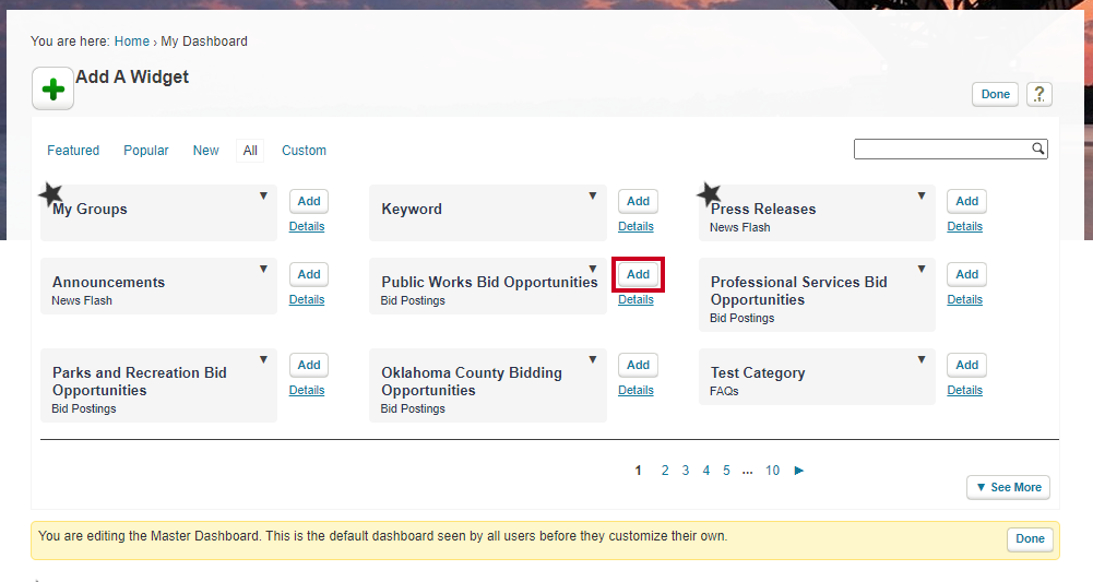 Once the chosen widget is located, the Add button adds it to the Dashboard's workboard.