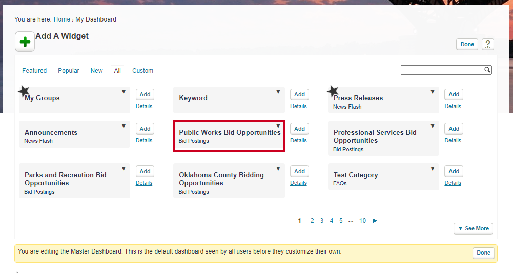 The staff member can select a widget from a list of commonly used widgets.