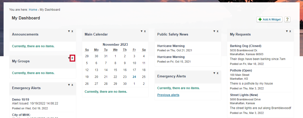 The Remove this widget button allows residents to remove any widgets they no longer need or want on their dashboard.