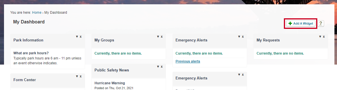 The Add a Widget button allows residents to add widgets to their Dashboards that they use the most often.