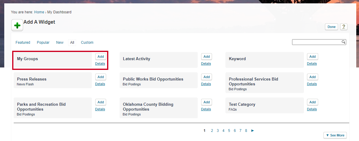 The resident can choose which widget they want to add to their dashboard from a list of options.