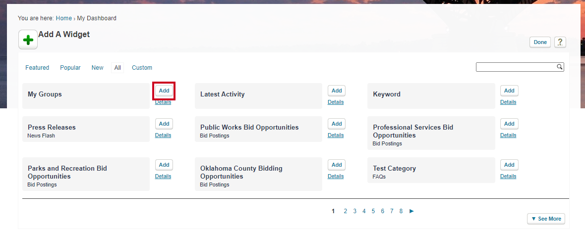 A widget's Add button adds the chosen widget to the resident's dashboard.