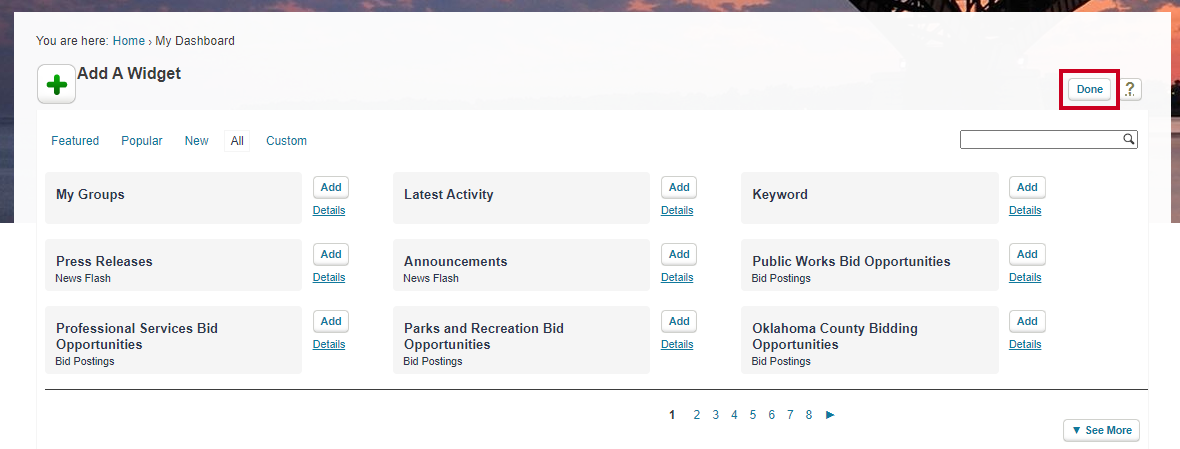 When finished adding widgets to the dashboard, clicking the Done button closes the list of widget options.