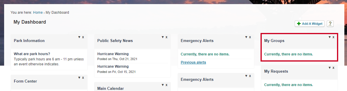 The My Groups widget in its new location on the resident's dashboard.