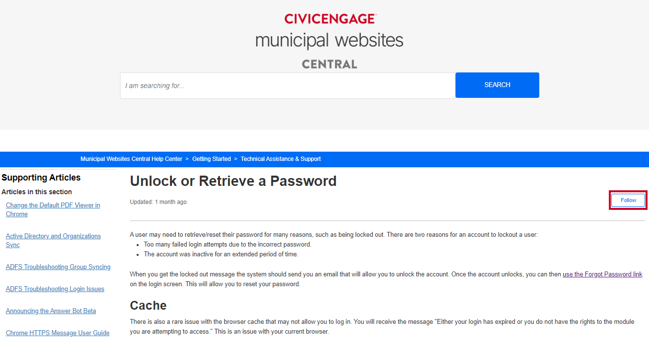 A white, rectangular Follow button to the right of the article title.