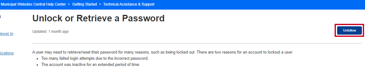 A blue, rectangular Unfollow button to the right of the article title.