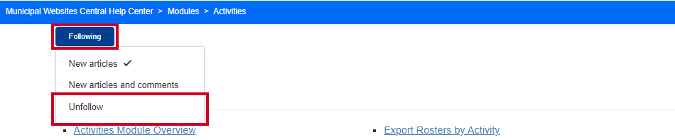 Following button drop-down list with the Unfollow option highlighted.