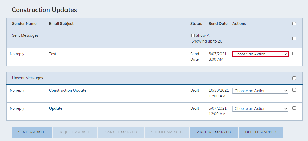 A message's Choose an Action menu allows users several options to manage the message.