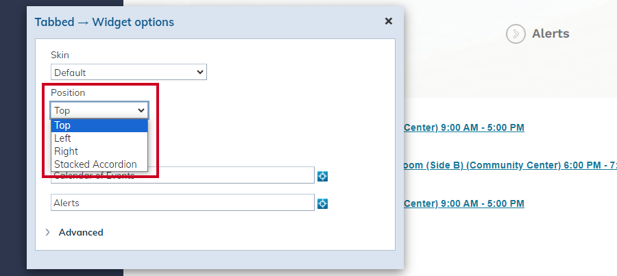 Tabbed Widget Position dropdown.