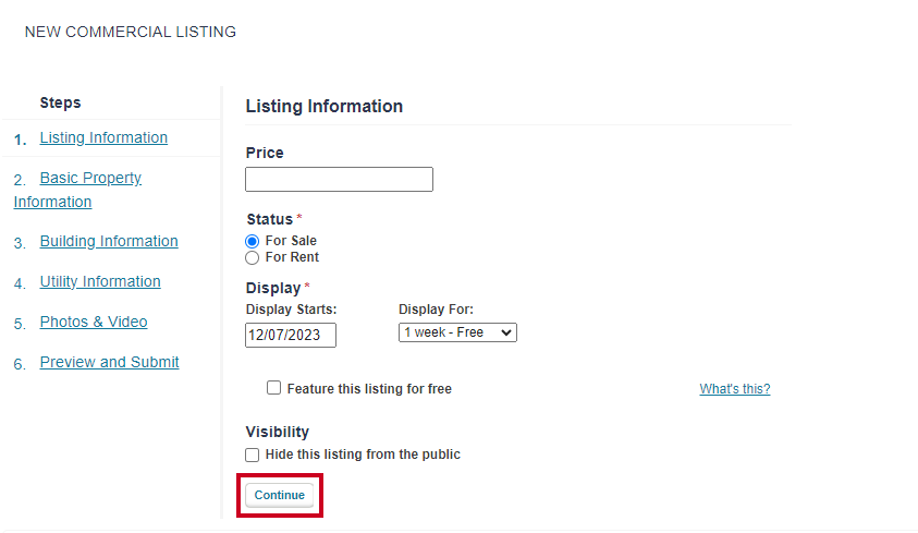 Front End Commercial Listing Information Continue Button.