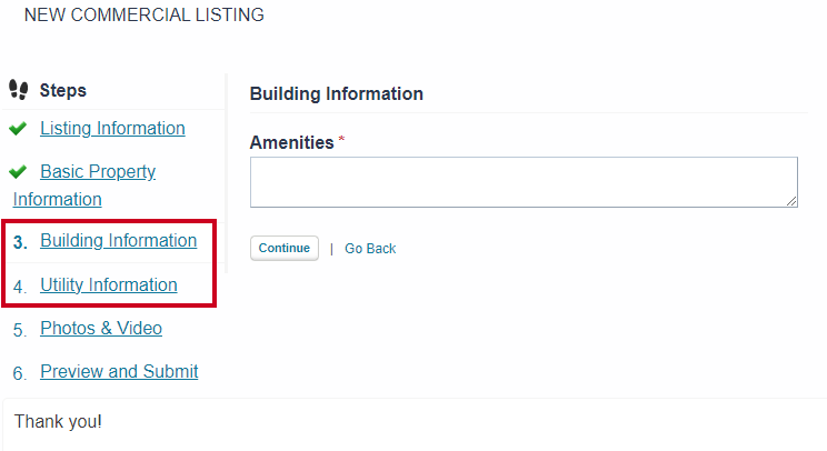 Front End Add Commercial Listing Building Information.