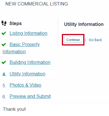 Web Central Real Estate Locator Front End Add Commercial Listing Utility Information Continue Button.