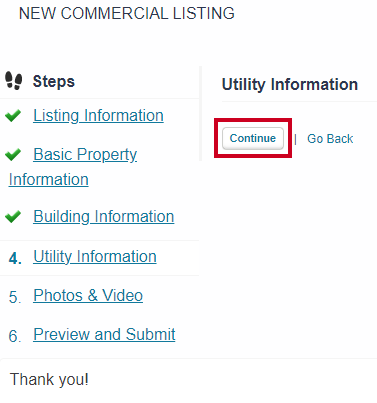 Front End Add Commercial Listing Utility Information Continue Button.