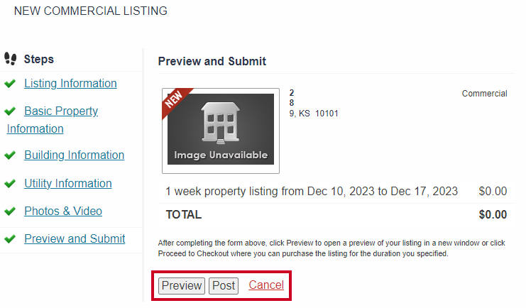 Web Central Real Estate Locator Front End Add Commercial Listing Preview and Submit.
