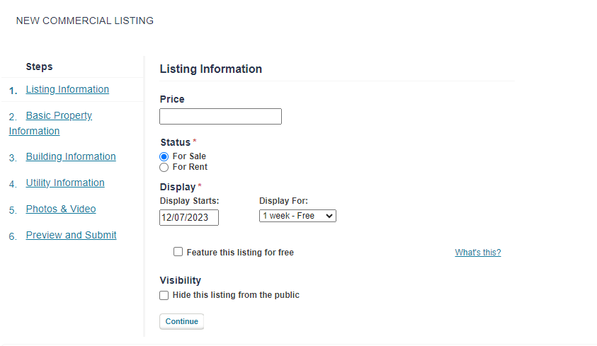 Front End Add Commercial Listing Listing Information.