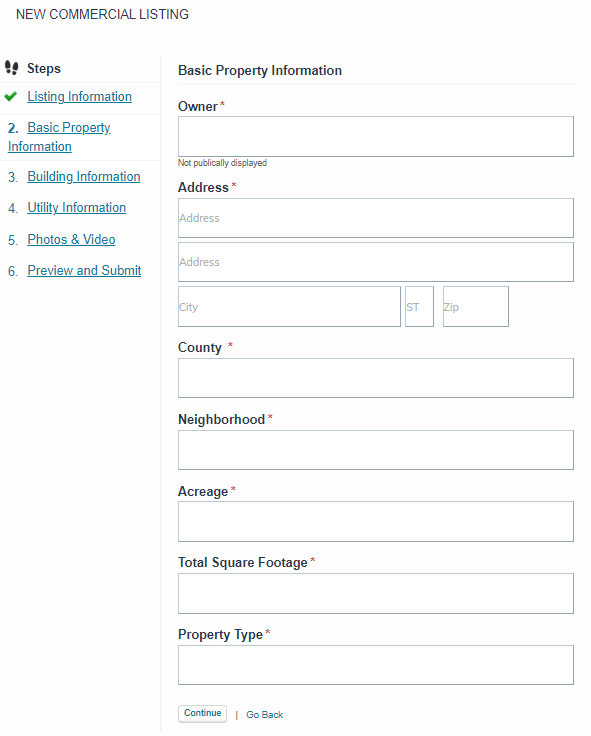 Front End Add Commercial Listing Basic Property Information.