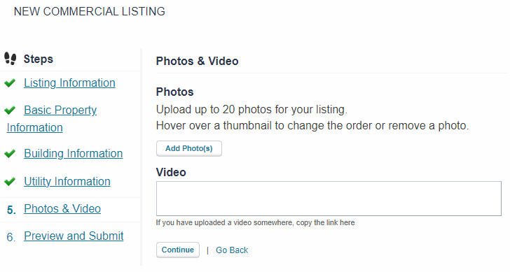 Front End Add Commercial Listing Photos and Video.