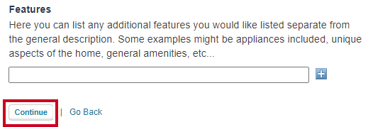 Front End Basic Property Details and Features Continue Button.