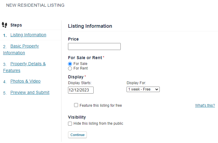 Front End Listing Information.