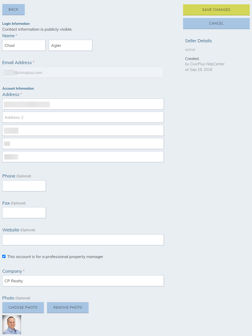 Modify Seller Information Screen.