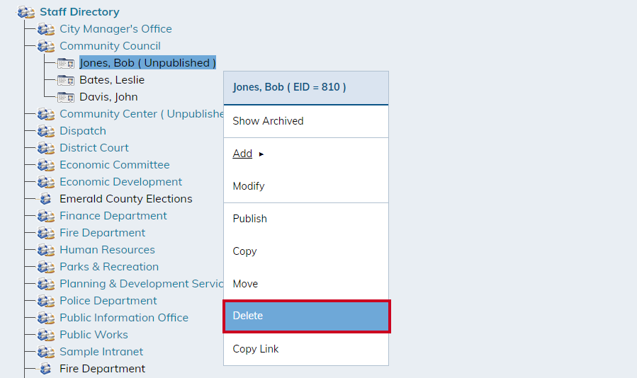 Delete option in menu.