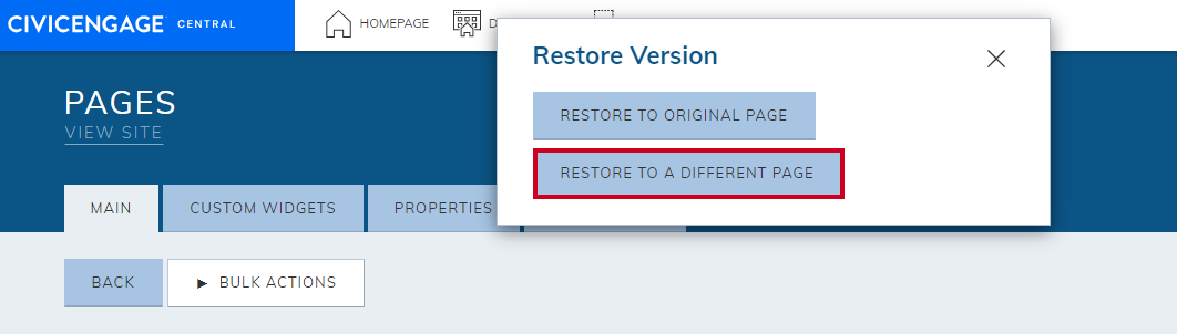 The button labeled Restore to a Different Page in the pop-up modal.