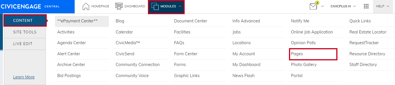 The Modules dropdown menu at the top of the page, followed by the Content tab in the left-hand navigation, and finally Pages in the alphabetical list.