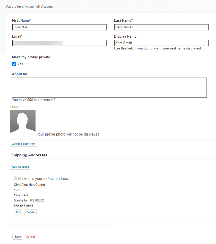 My Account's informational fields.