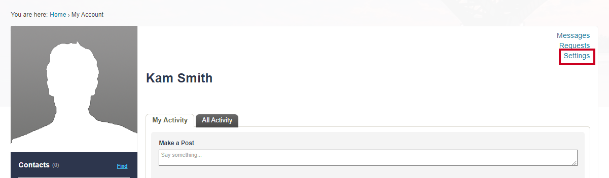 The My Account page's Settings link.