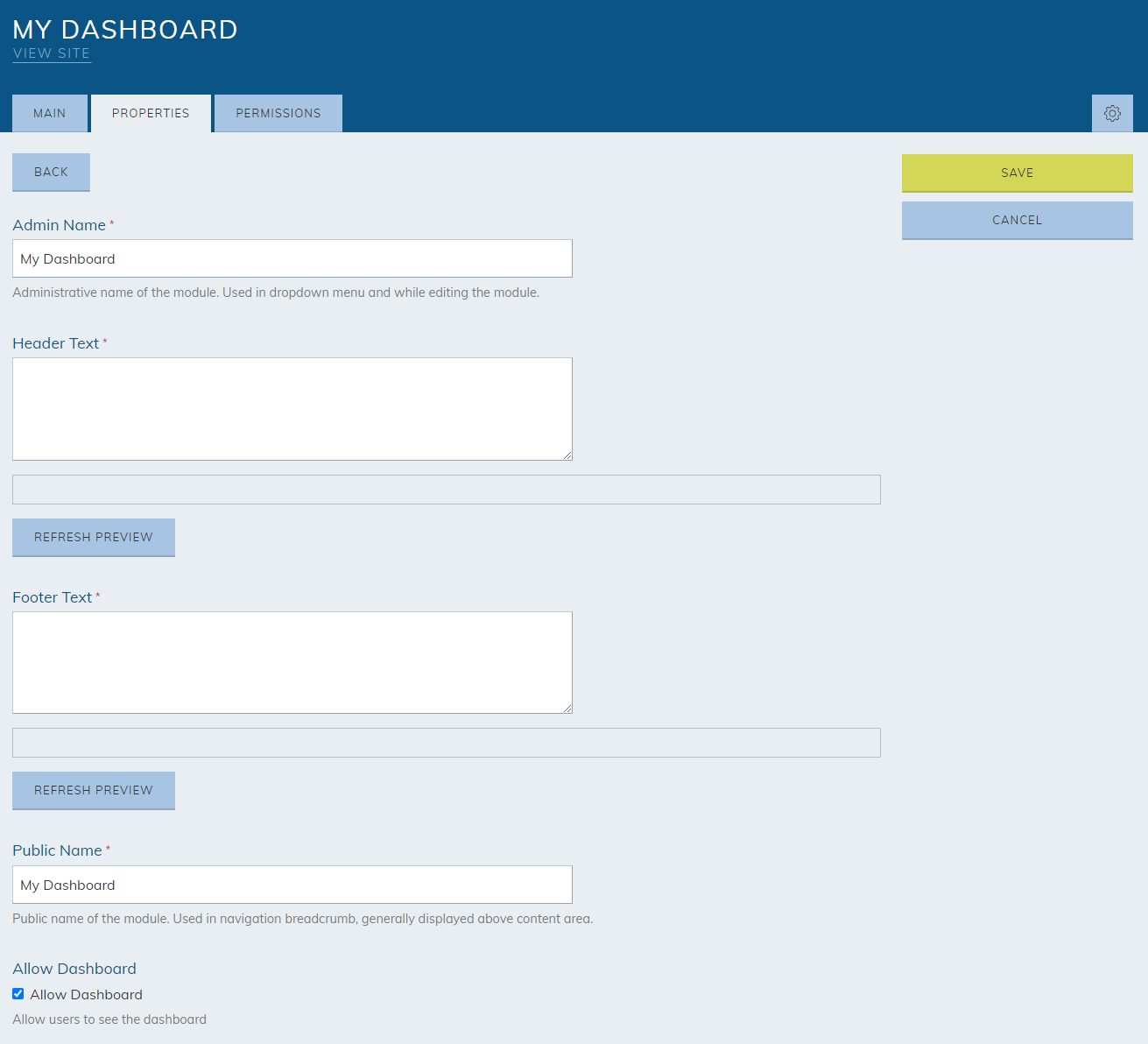 The Properties options for My Dashboard.