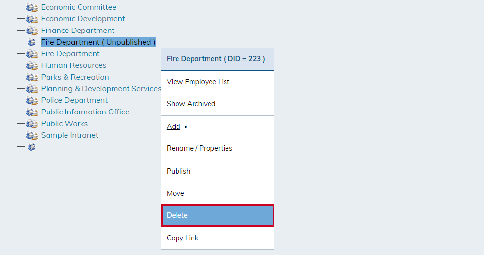 delete option in menu.