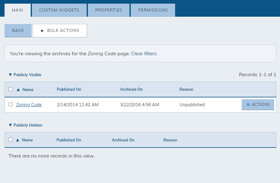The History page containing tables of past versions of the archived page.