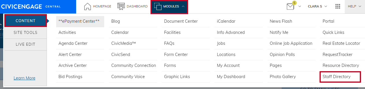 Modules menu with Staff Directory selected.