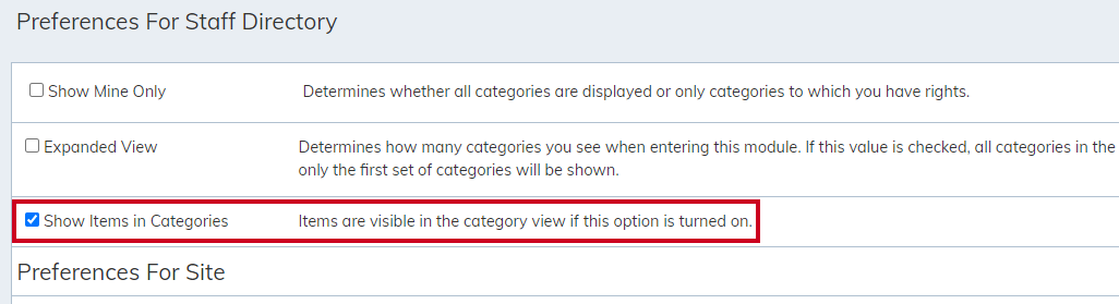 Staff Directory Show Items in Categories checkbox.