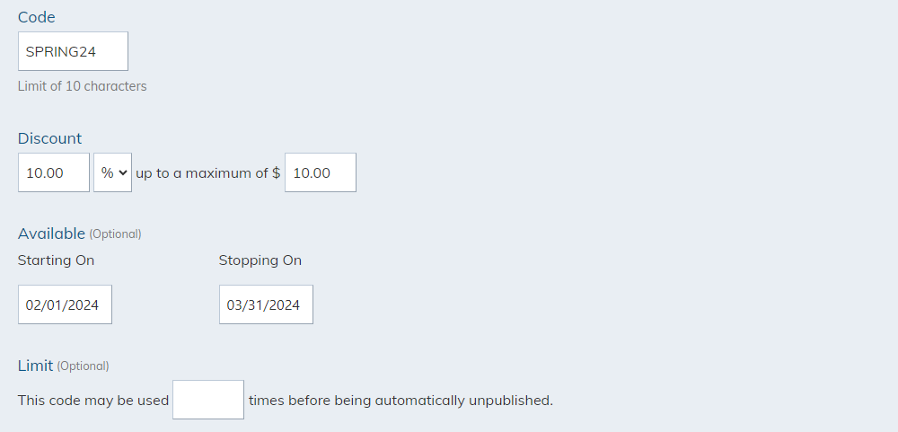 Edit promo code options.